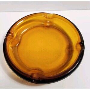Vtg Cigar/Cigarette Ashtray Dark Amber Glass Large Round  7.5 In Heavy 4 Slots